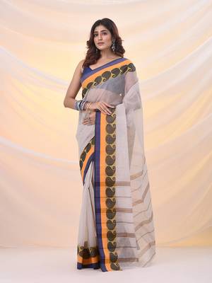 White pure cotton tant saree with woven designs 2