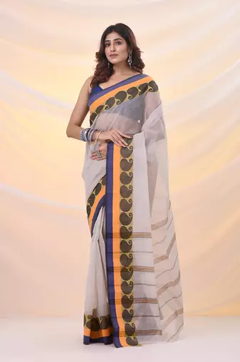 White pure cotton tant saree with woven designs