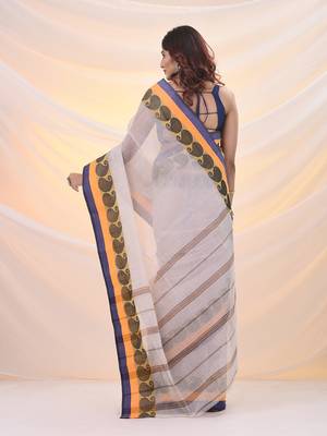White pure cotton tant saree with woven designs 3