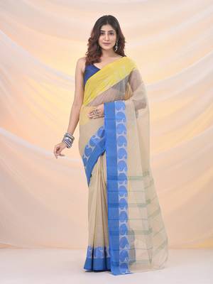 Cream pure cotton tant saree with woven designs 1