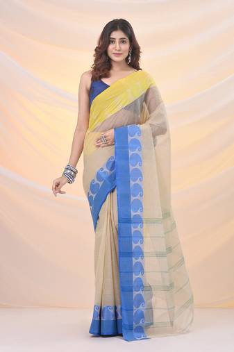 Cream pure cotton tant saree with woven designs