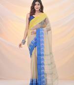 Cream pure cotton tant saree with woven designs