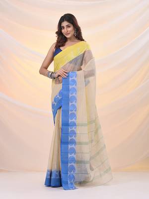 Cream pure cotton tant saree with woven designs 2