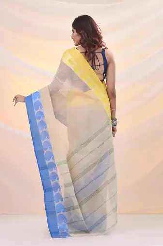 Cream pure cotton tant saree with woven designs