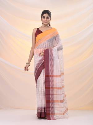 White pure cotton tant saree with woven designs 1