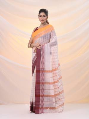 White pure cotton tant saree with woven designs 2