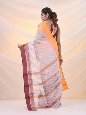 White pure cotton tant saree with woven designs 3