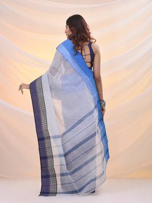 White pure cotton tant saree with woven designs 3