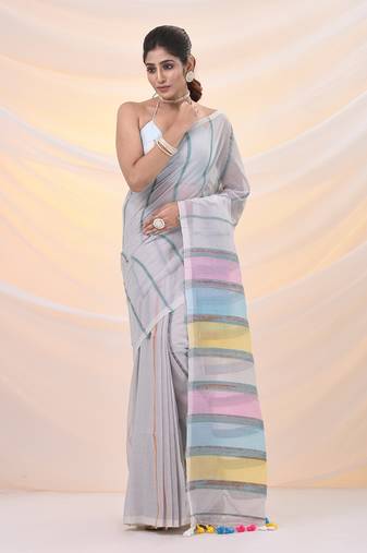 Off white cotton handspun soft saree with stripe pattern