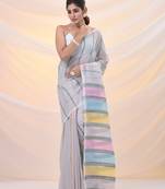 Off white cotton handspun soft saree with stripe pattern