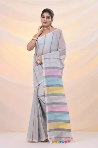 Off white cotton handspun soft saree with stripe pattern