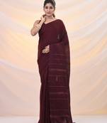 Maroon cotton handspun soft saree with stripe pattern