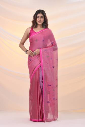 Pink tissue cotton handspun soft saree with stripes pallu