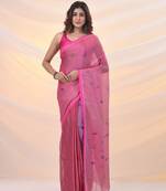 Pink tissue cotton handspun soft saree with stripes pallu