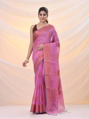 Pink silk blend saree with nakshi zari borders 1