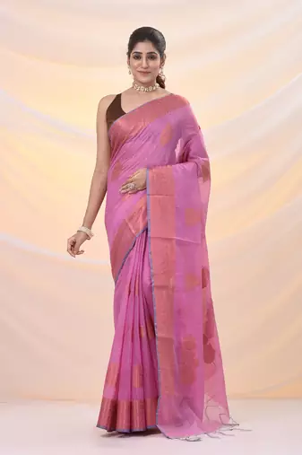 Pink silk blend saree with nakshi zari borders