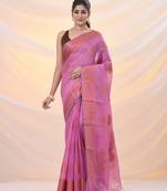 Pink silk blend saree with nakshi zari borders