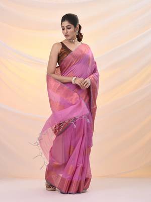 Pink silk blend saree with nakshi zari borders 2