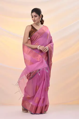 Pink silk blend saree with nakshi zari borders