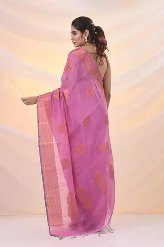 Pink silk blend saree with nakshi zari borders