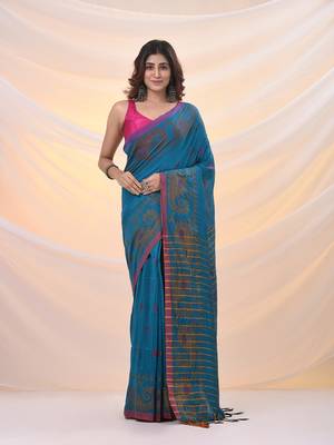 Sapphire blue cotton handspun saree with woven nakshi borders 1