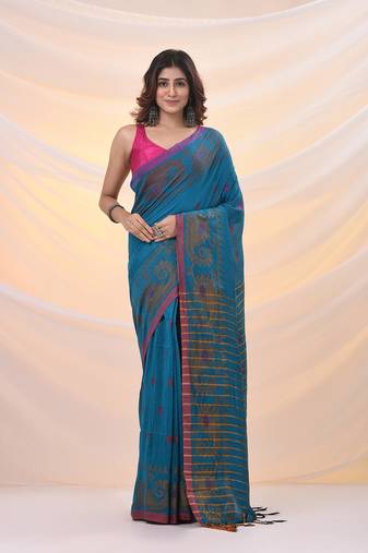 Sapphire blue cotton handspun saree with woven nakshi borders