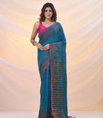 Sapphire blue cotton handspun saree with woven nakshi borders