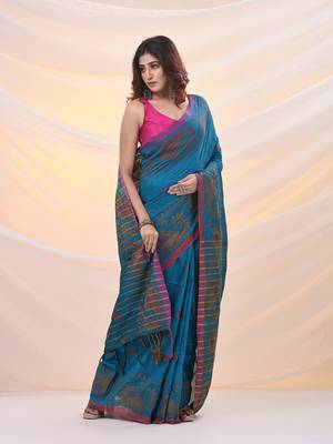 Sapphire blue cotton handspun saree with woven nakshi borders 2