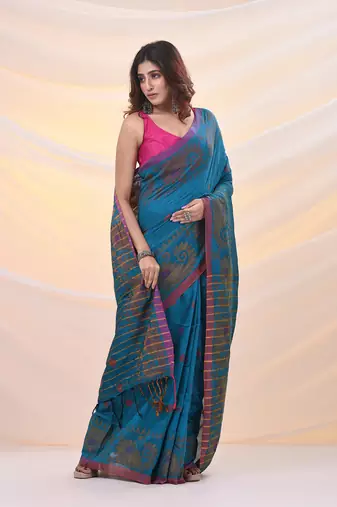 Sapphire blue cotton handspun saree with woven nakshi borders