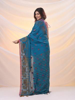 Sapphire blue cotton handspun saree with woven nakshi borders 3