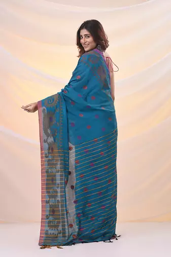 Sapphire blue cotton handspun saree with woven nakshi borders