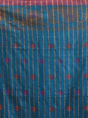 Sapphire blue cotton handspun saree with woven nakshi borders 4