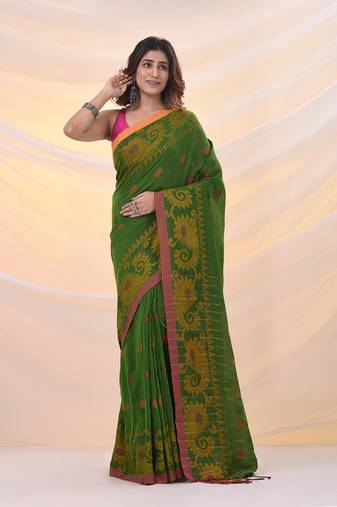 Green cotton handspun saree with woven nakshi borders