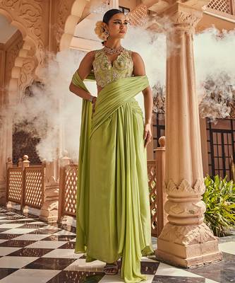 Green satin plain saree with embroidered blouse 1