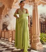 Green satin plain saree with embroidered blouse