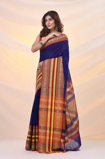 Blue cotton silk soft saree with nakshi borders