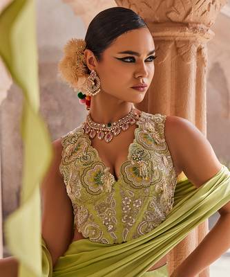 Green satin plain saree with embroidered blouse 2