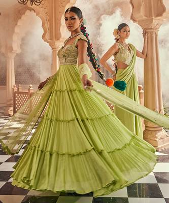 Green satin plain saree with embroidered blouse 3