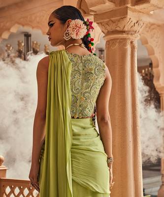 Green satin plain saree with embroidered blouse 4