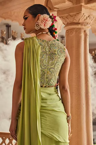 Green satin plain saree with embroidered blouse