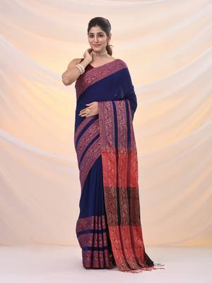 Blue cotton handspun soft saree with woven paisley borders 1