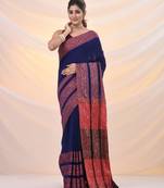 Blue cotton handspun soft saree with woven paisley borders
