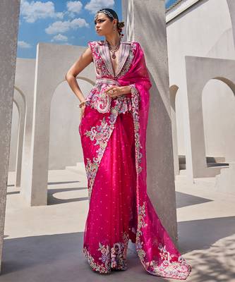 Hot pink organza embroidered saree 1