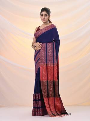 Blue cotton handspun soft saree with woven paisley borders 2