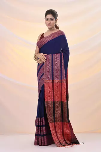 Blue cotton handspun soft saree with woven paisley borders