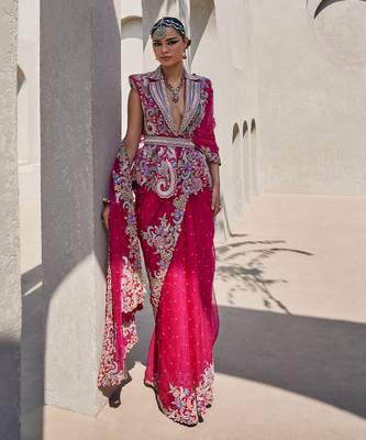 Hot pink organza embroidered saree 2