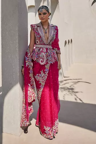 Hot pink organza embroidered saree