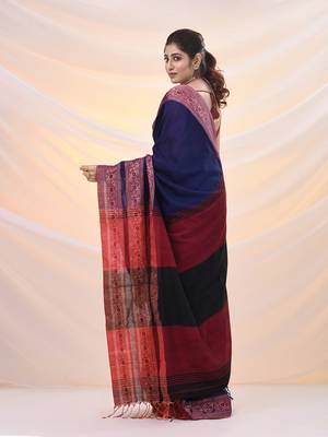 Blue cotton handspun soft saree with woven paisley borders 3