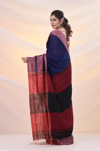 Blue cotton handspun soft saree with woven paisley borders