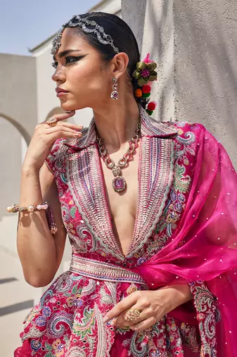 Hot pink organza embroidered saree